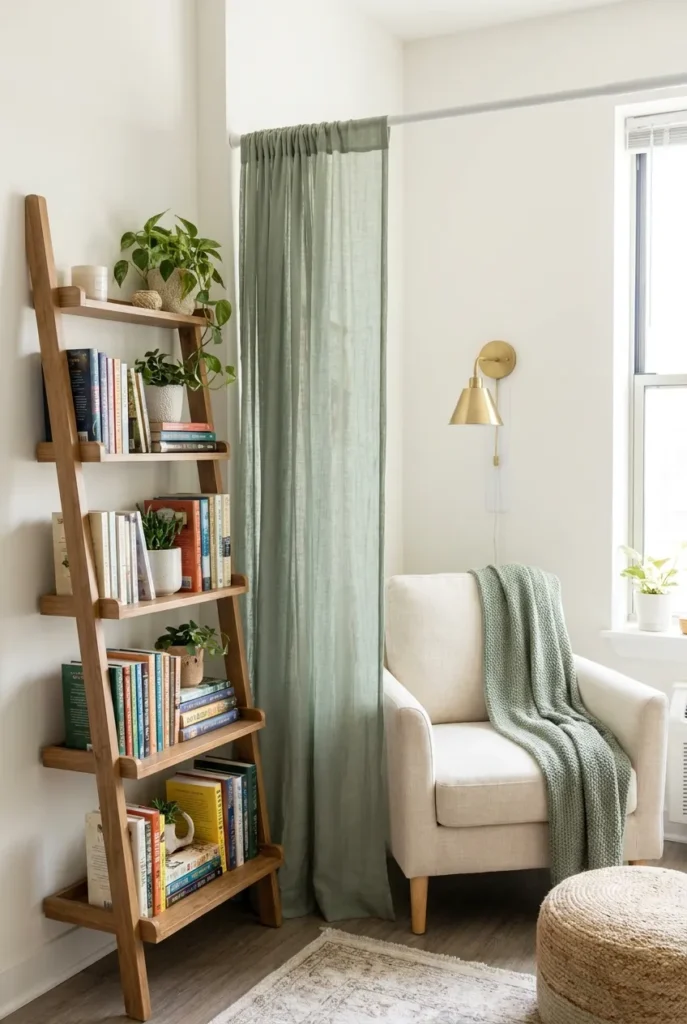 No-drill tween reading corner with ladder shelf, tension-rod curtain, and plug-in sconce.