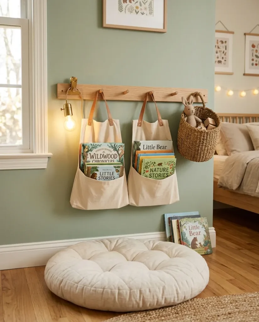 Oak Shaker peg rail with book slings and floor cushion in shared kids reading nook
