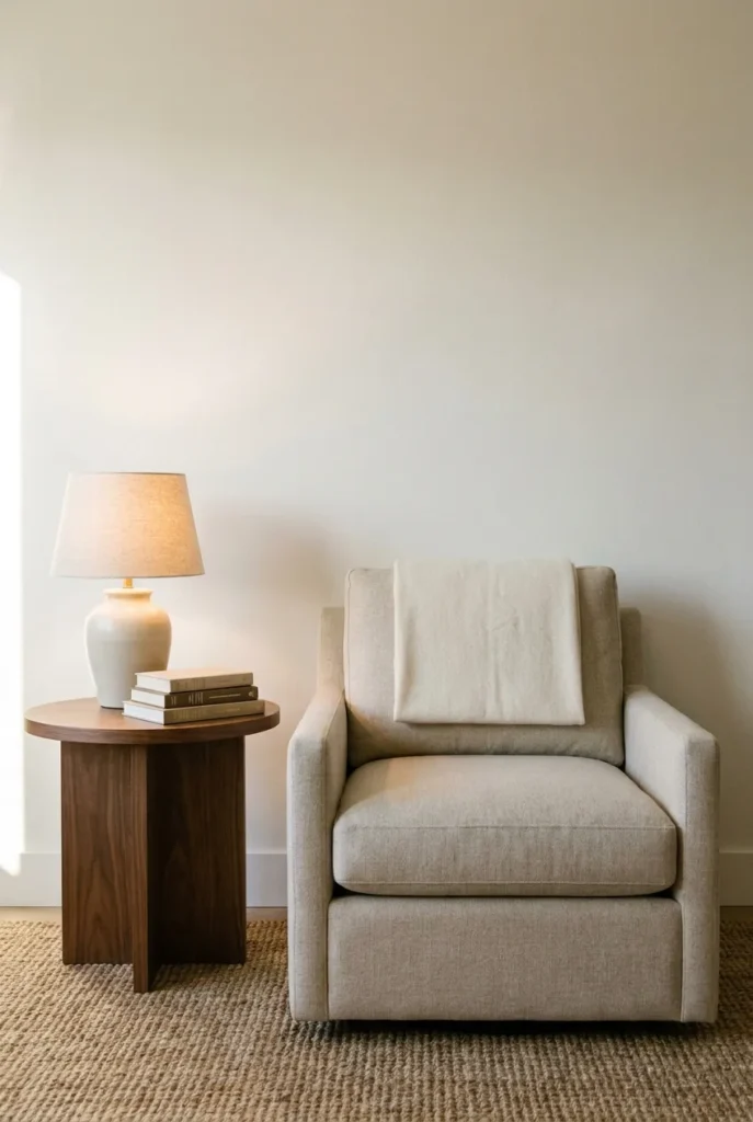 Oat linen club chair in cozy reading nook with walnut side table and 2700K lamp.