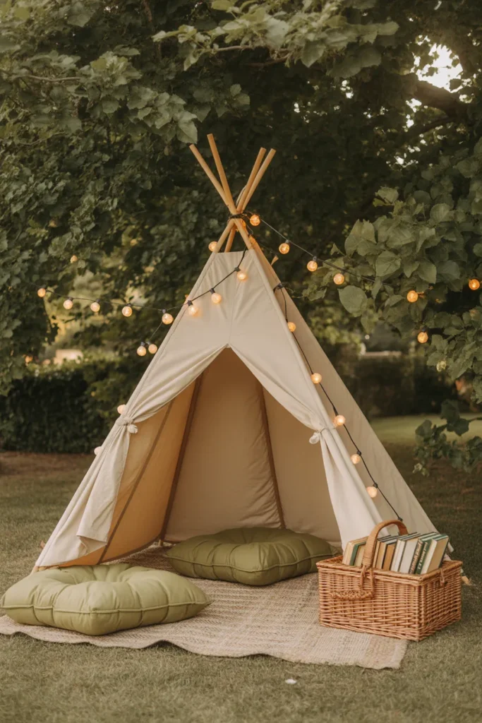 Outdoor backyard reading teepee under tree with solar lights