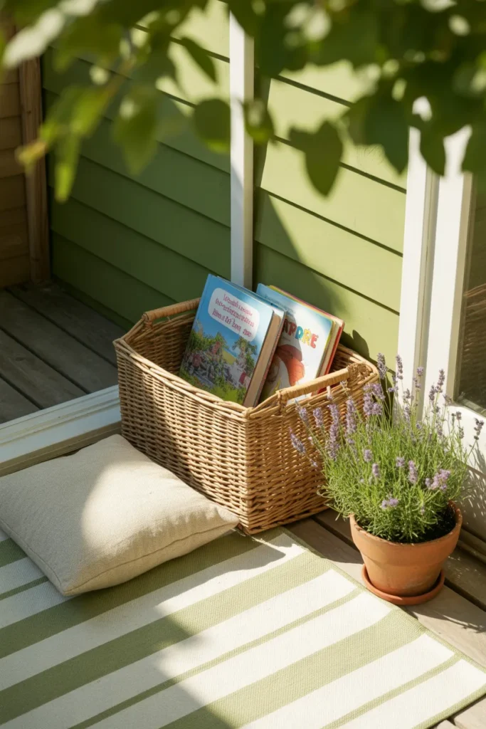 Outdoor montessori reading nook on porch with rattan basket and linen cushion.