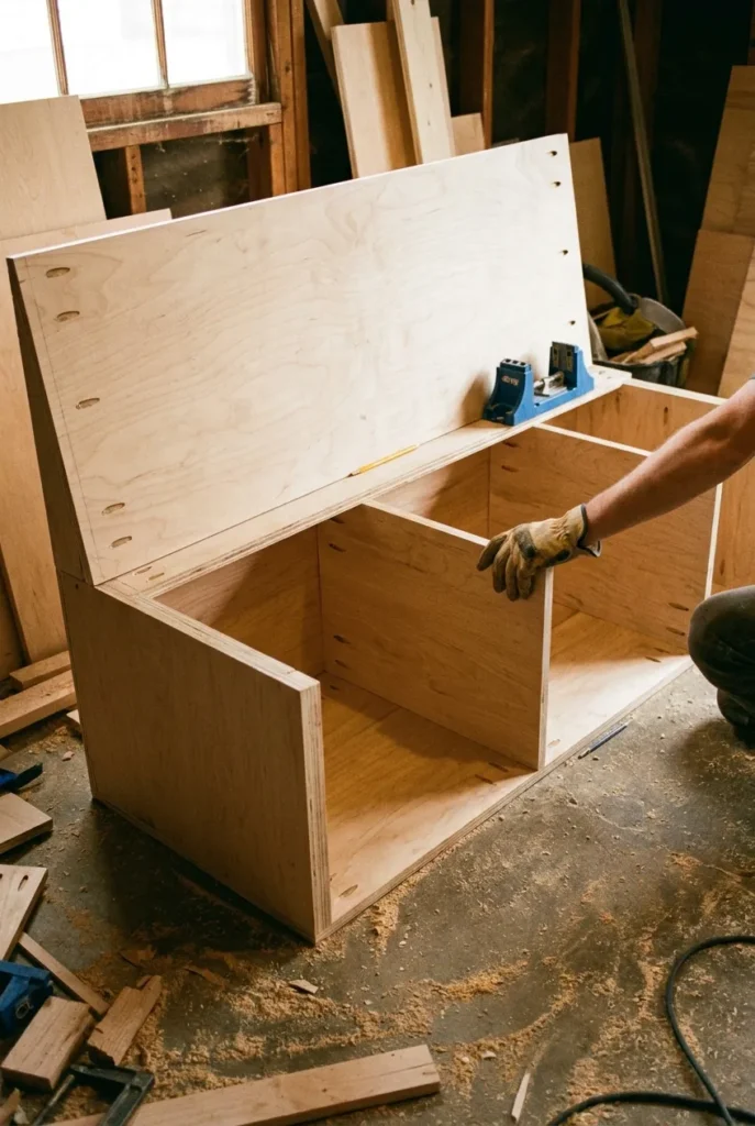 Partially assembled plywood base box for built-in reading bench with visible pocket-hole joints and dividers.