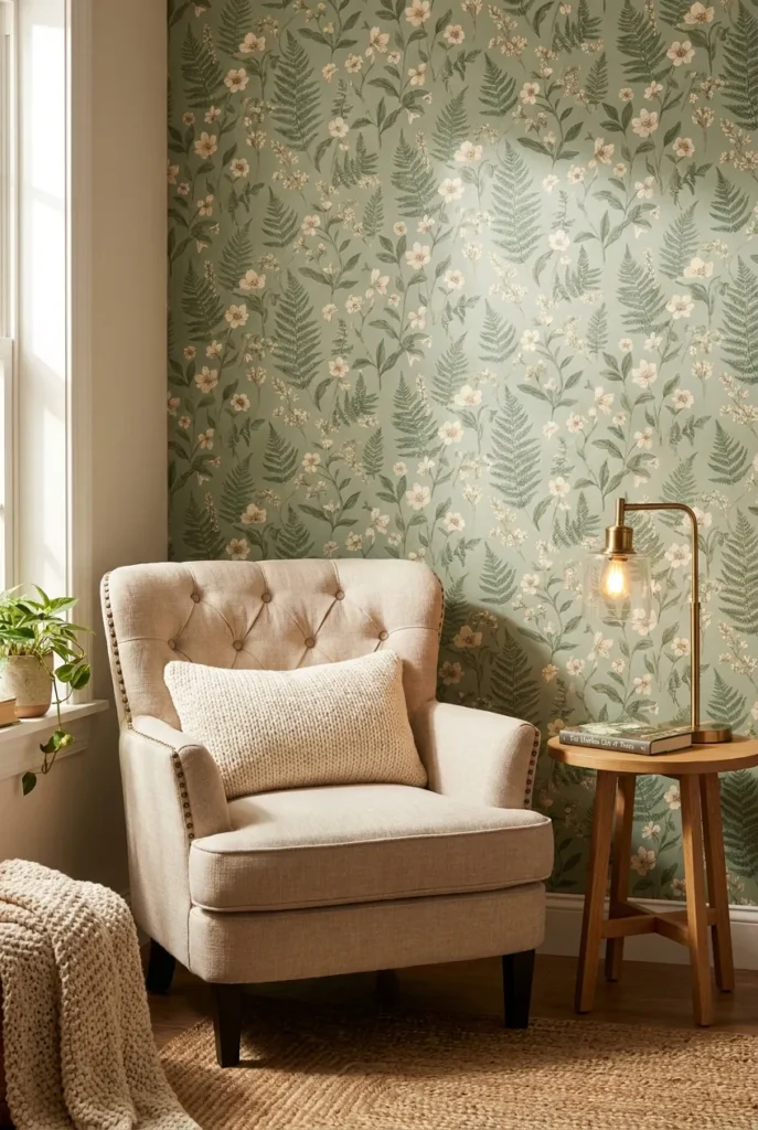 Peel and stick botanical accent wall behind a tufted reading chair in a renter apartment.