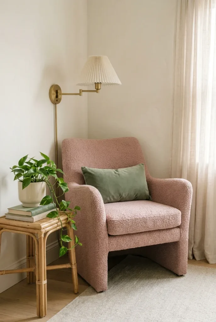 Pink and sage green reading nook with boucle armchair, velvet pillow, trailing plant, and brass lamp.