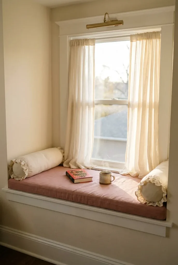 Pink window reading nook with custom linen cushion, gauze curtains, and bolster pillows in a sunlit bedroom.