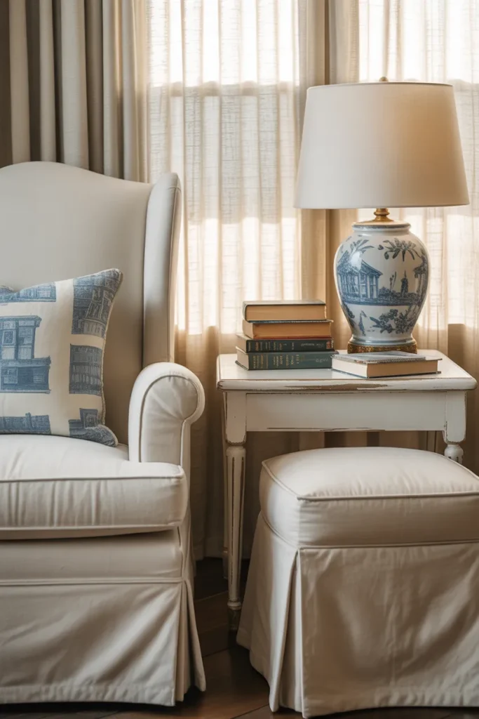 Pinterest pin of a coastal grandma reading nook with cream wingback chair, skirted ottoman, and blue and white lamp