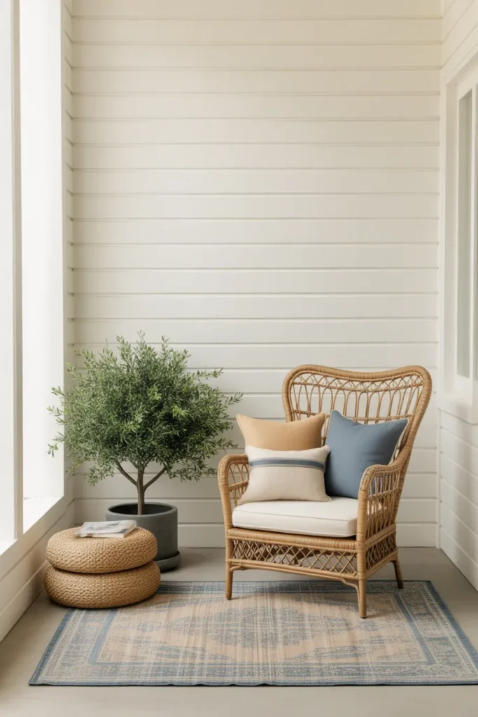 Pinterest pin of a coastal sunroom reading nook with peacock rattan chair, seagrass pouf, and olive tree