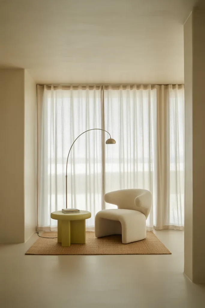 Pinterest pin of a modern coastal reading nook with bouclé chair, oat rug, and brass arc lamp