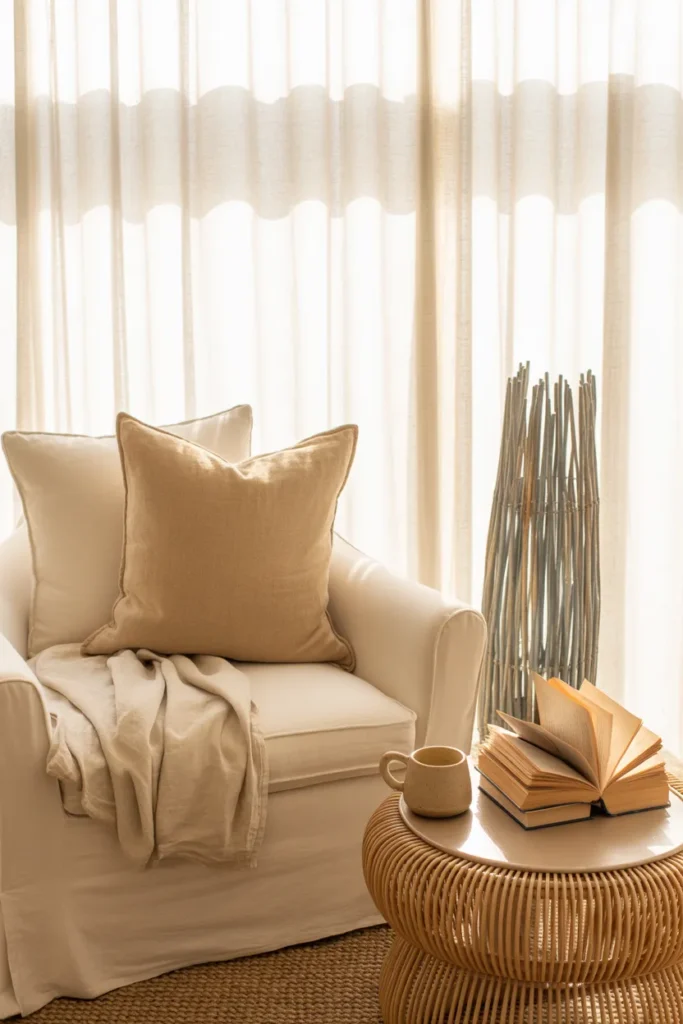 Pinterest pin of a soft coastal reading nook with cream linen armchair, jute rug, and chambray throw