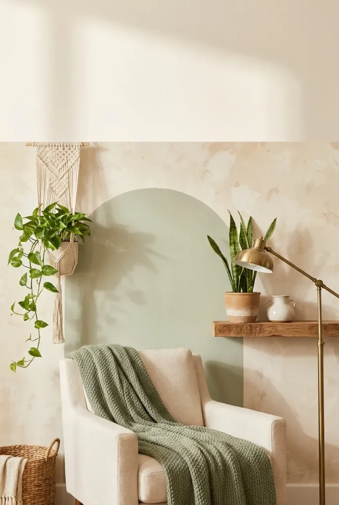 Pinterest pin showing a cozy reading nook with hanging pothos and sage throw.
