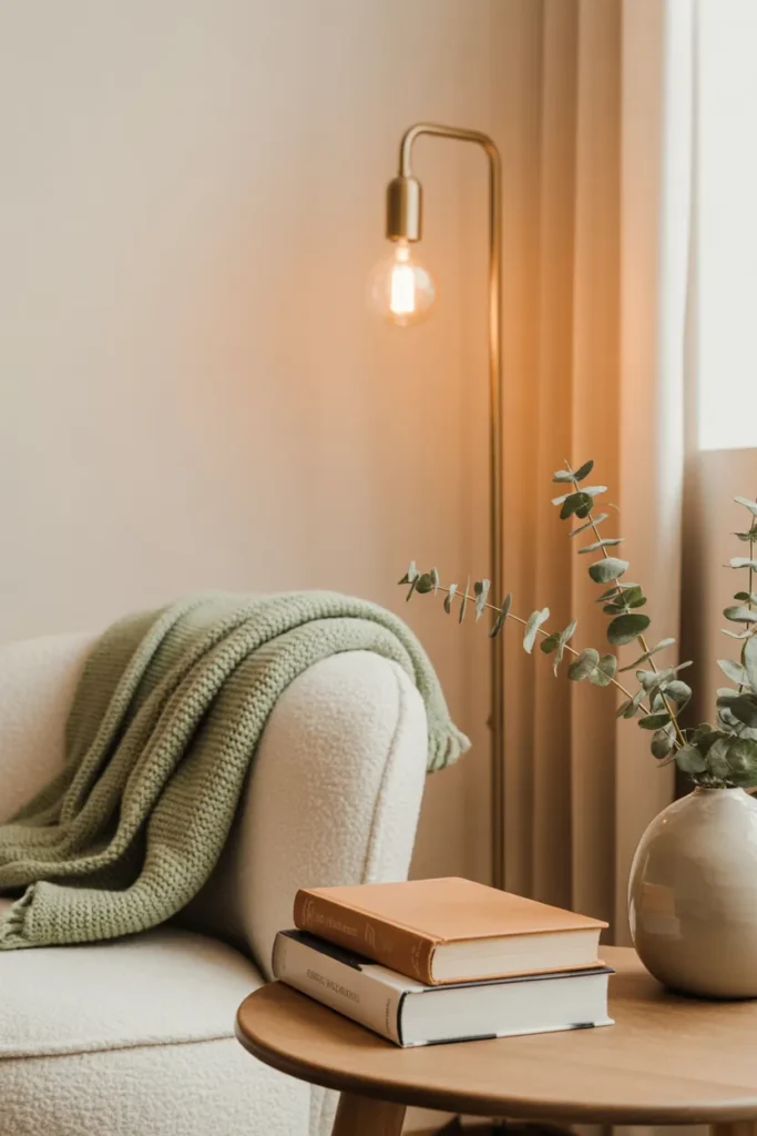 Pinterest pin showing best reading nook floor lamp ideas with brass lamp and cozy chair