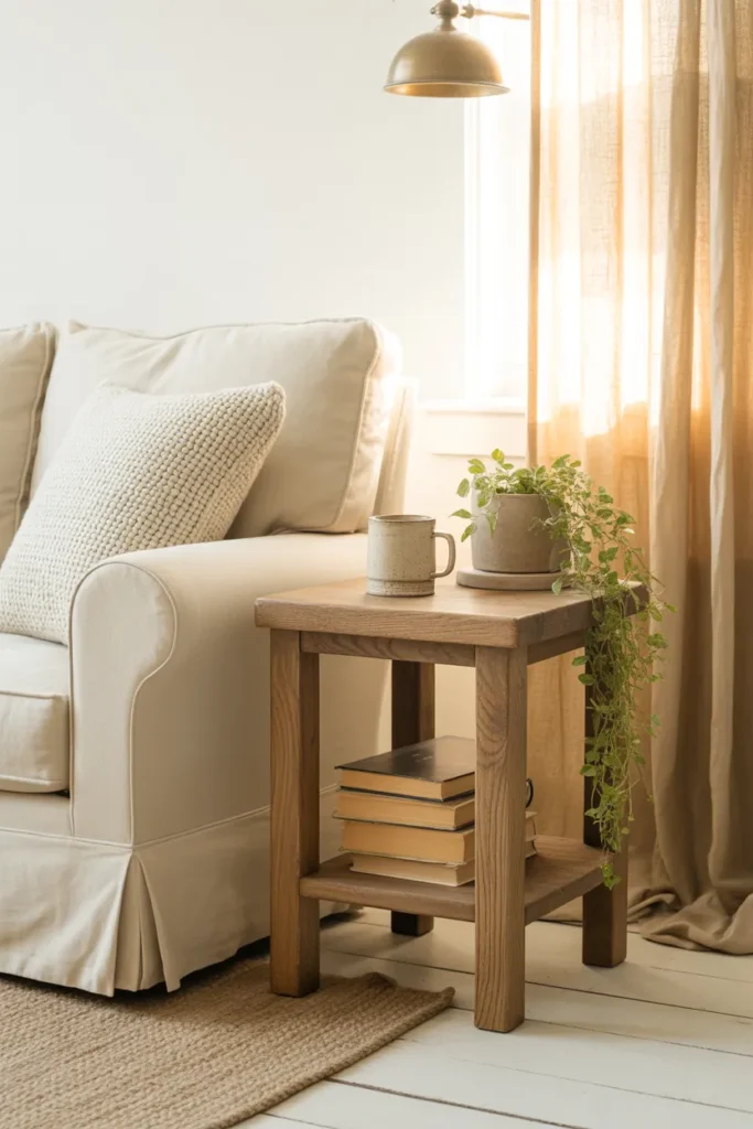 Pinterest-ready farmhouse reading nook with cream armchair, brass sconce, and cozy textiles in warm light.