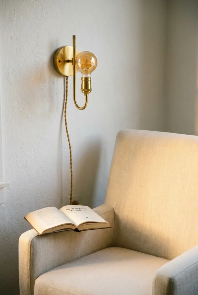 Plug-in brass sconce mounted with no-drill adhesive hooks above a cream reading chair.