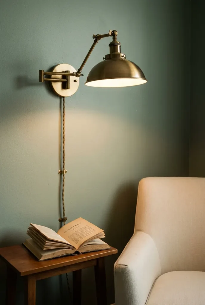 Plug-in brass wall sconce with 2700K bulb mounted with command strips in studio reading nook.