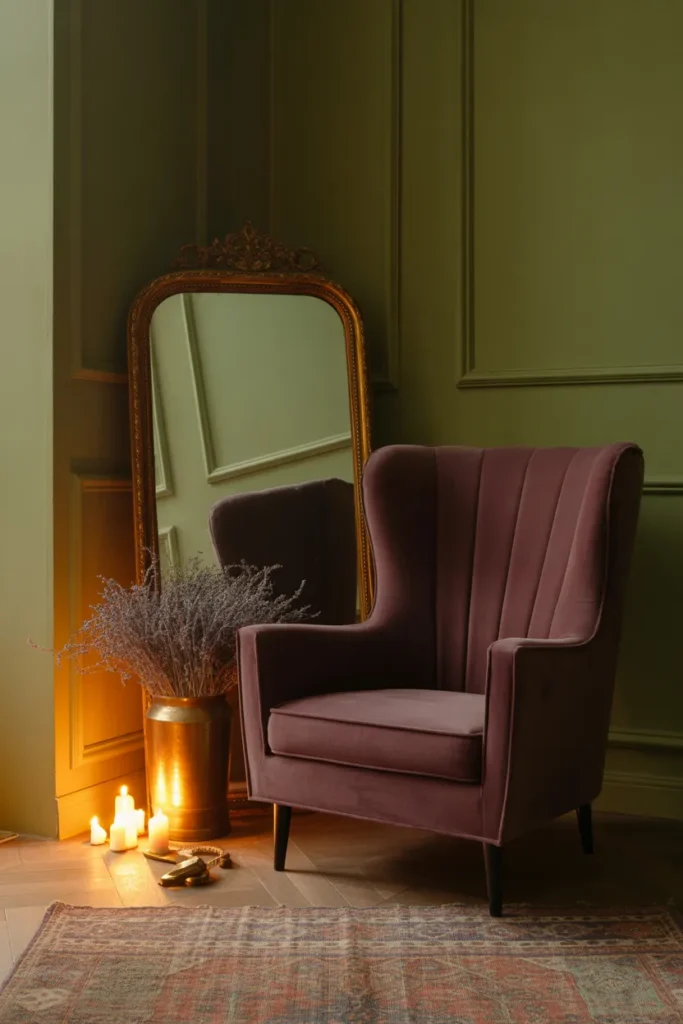 Plum and sage reading nook color palette with velvet armchair