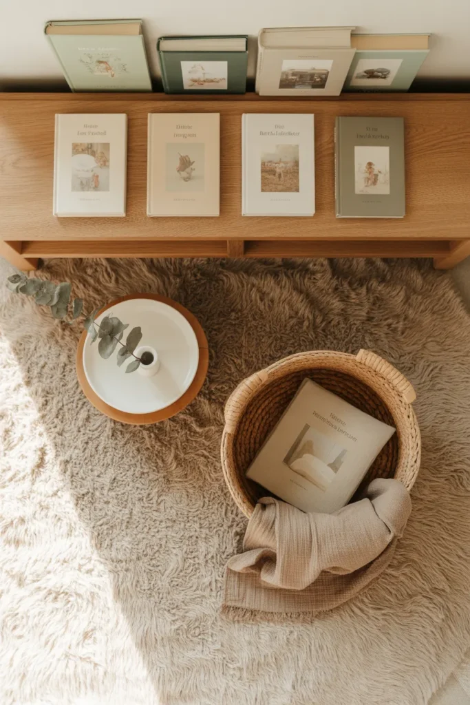 Properly styled Montessori reading nook with six books and natural materials.