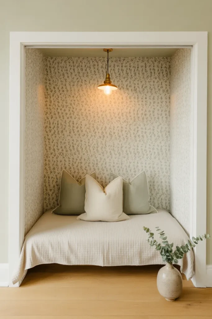 Reach-in closet reading nook with daybed, floral wallpaper, and brass picture light