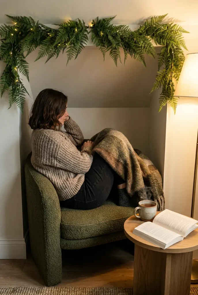 Reader curled in an olive armchair in a forest nook with a side table within the 18-inch reach rule.