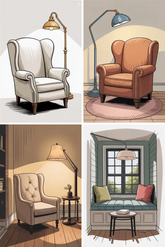 Reading chair and floor lamp pairing chart with wingback, ottoman, and window seat options