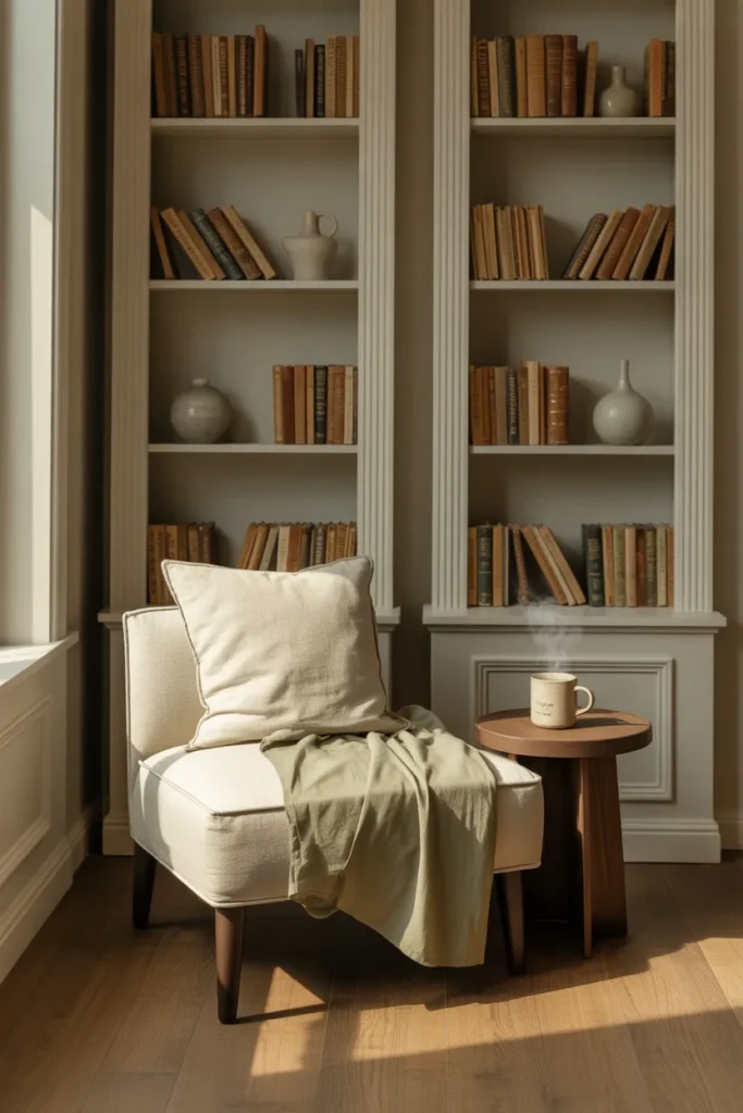 Reading chair set between two matching white bookcases with neutral styling