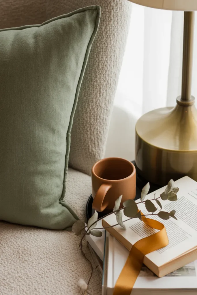 Reading nook color palette styling with layered linen velvet and ceramic textures