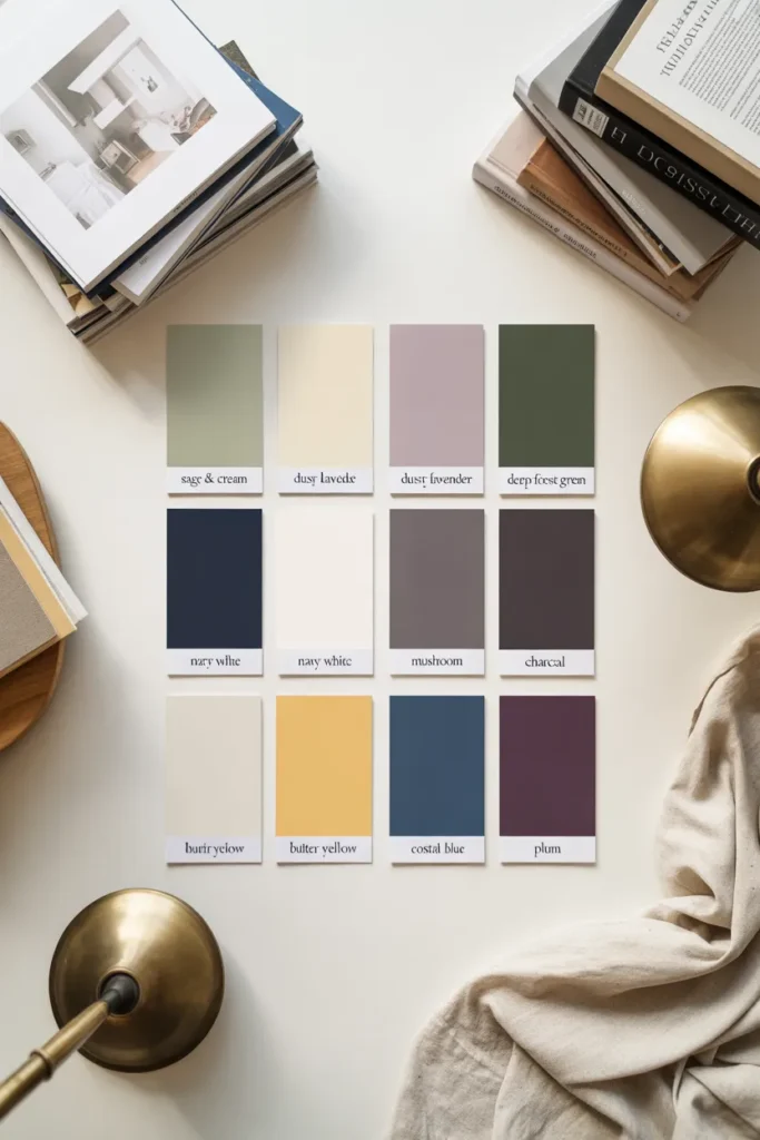 Reading nook color palette swatches flat lay with paint samples