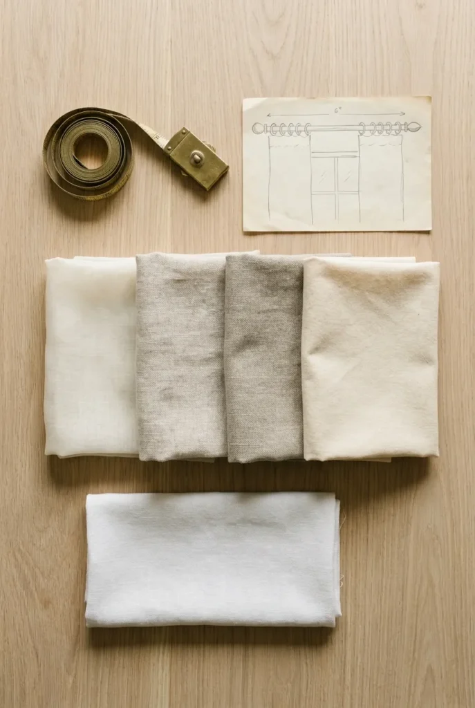 Reading nook curtain fabric swatches and rod placement diagram for choosing the right panel weight.