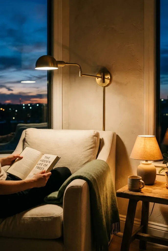 Reading nook lighting with brass swing-arm sconce and warm 2700K bulb illuminating an open book.