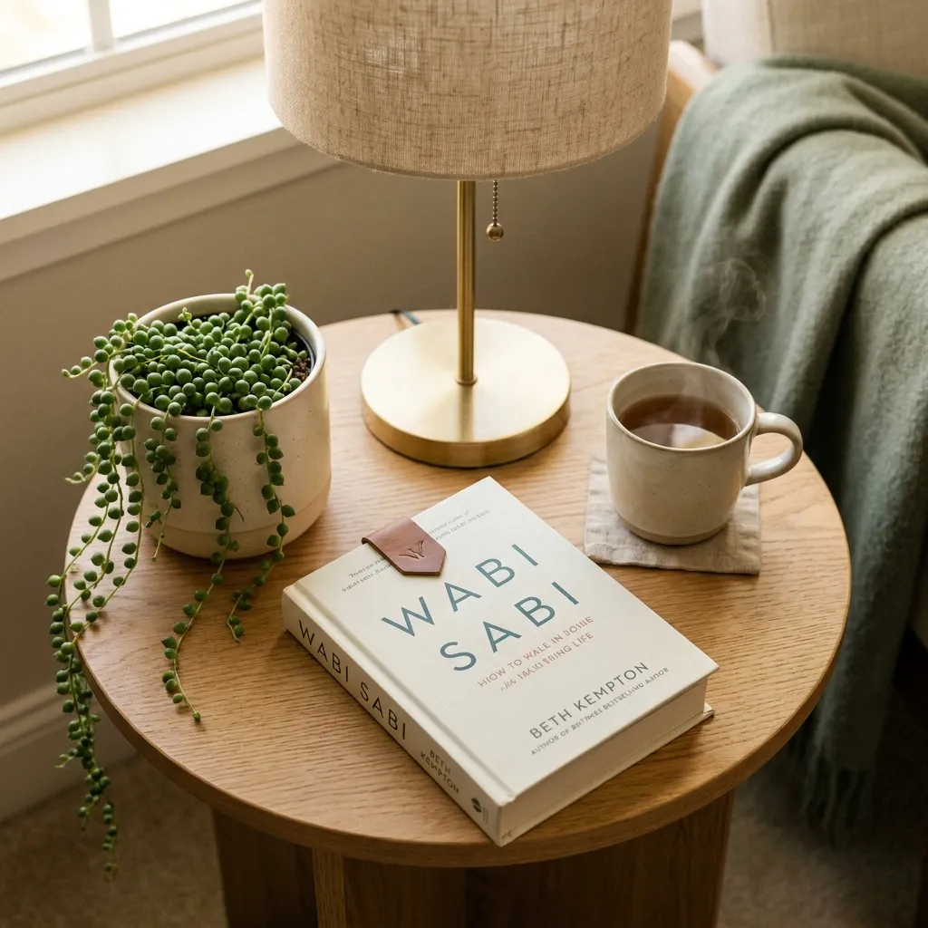 Reading nook side table styled with a string of pearls plant and brass lamp.