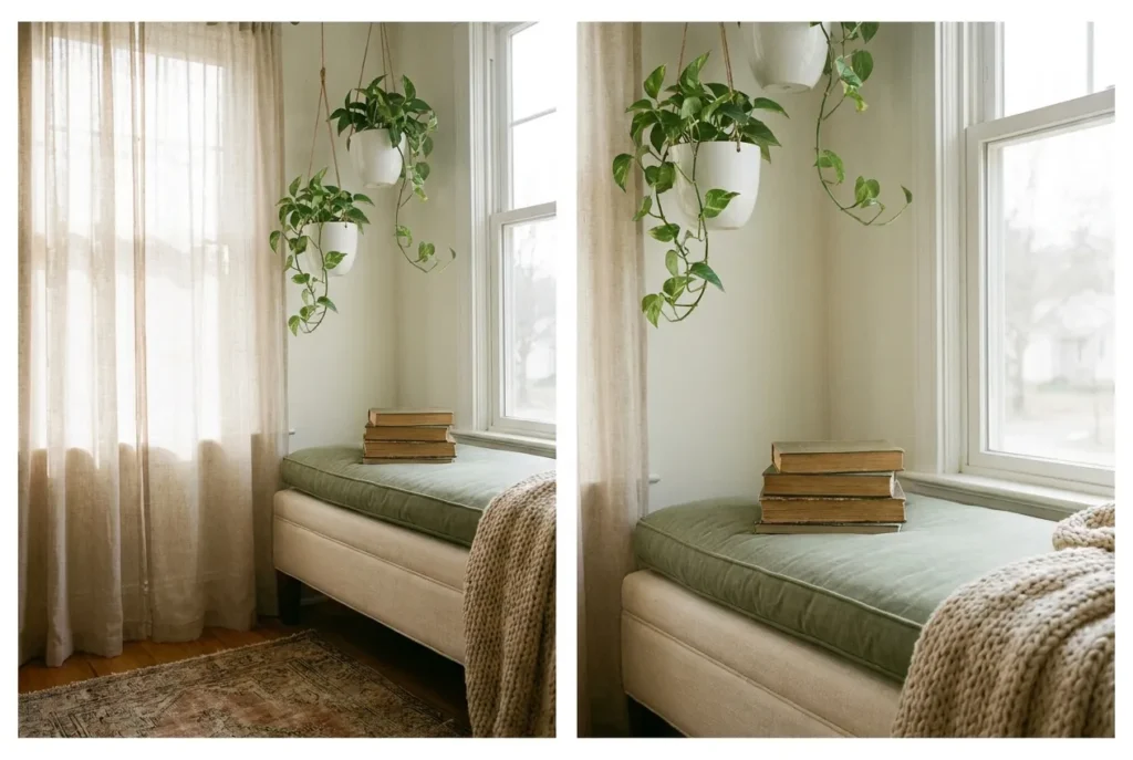Reading nook with hanging plants trailing above a cozy window seat.