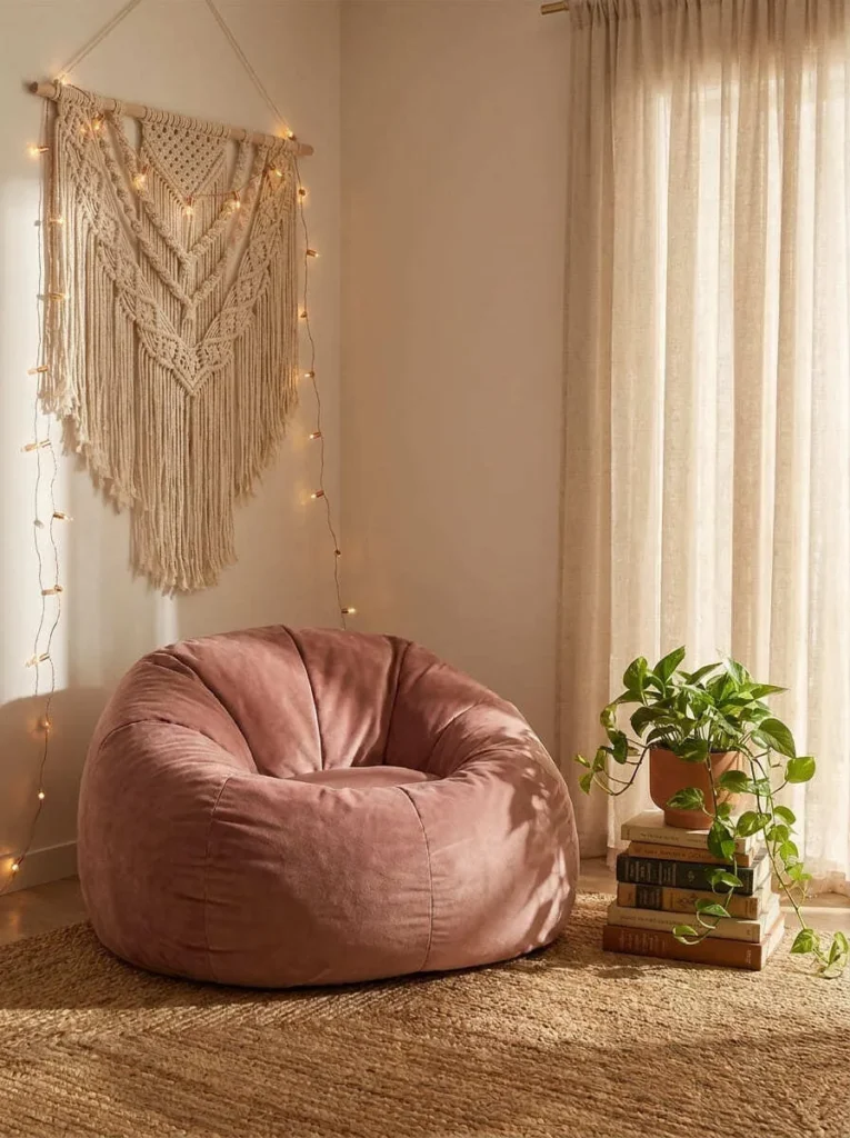 Boho reading nook bean bag in dusty pink with macramé wall hanging, jute rug, and warm fairy lights