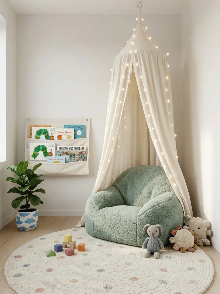Kids reading nook bean bag in sage Sherpa with fabric book sling and canopy with fairy lights