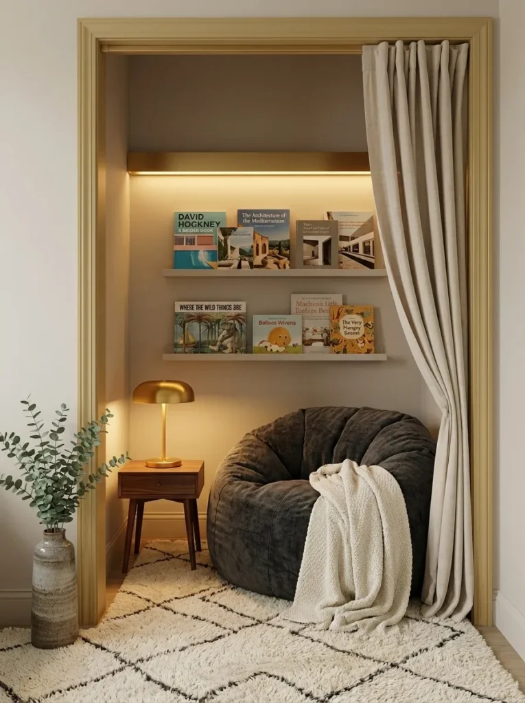 Splurge reading nook bean bag in charcoal gray with walnut side table, brass lamp, and wool rug