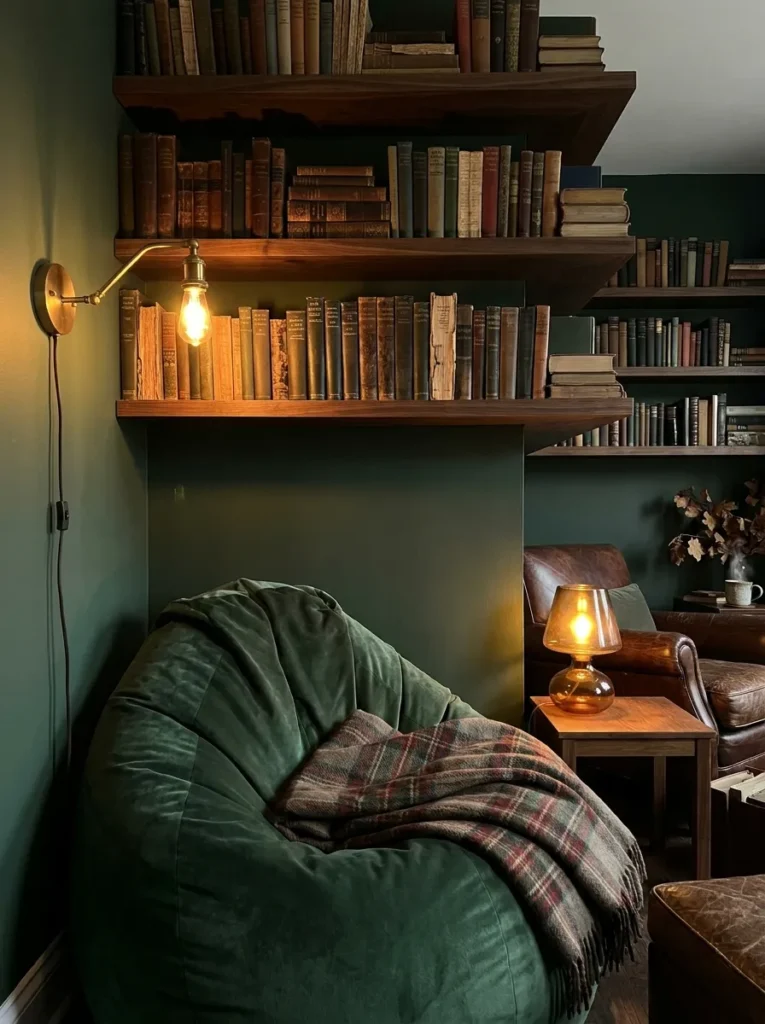 Dark Academia reading nook with forest green velvet bean bag and walnut bookshelves under warm lamp light