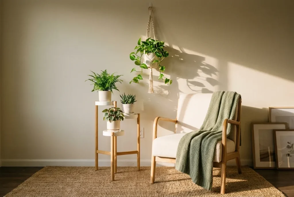 Rental-friendly reading nook with freestanding plant stand and hanging pothos.