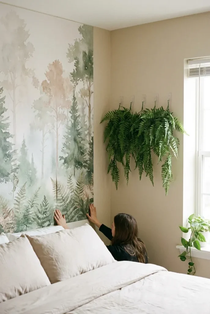 Renter applying a peel-and-stick forest mural with no-drill fern garland for a damage-free reading nook.