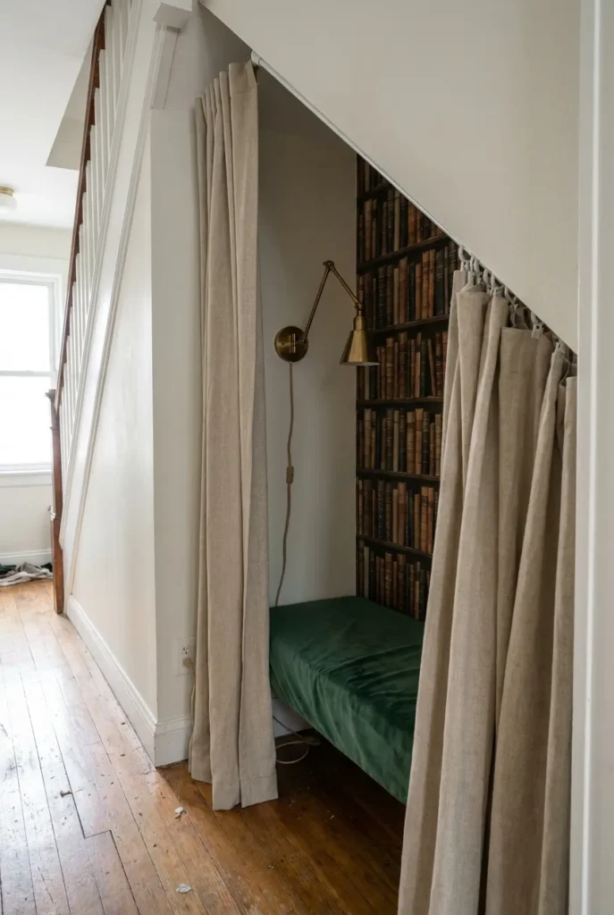Renter-friendly Harry Potter reading nook with tension rod curtain, plug-in sconce, and peel-stick wallpaper.