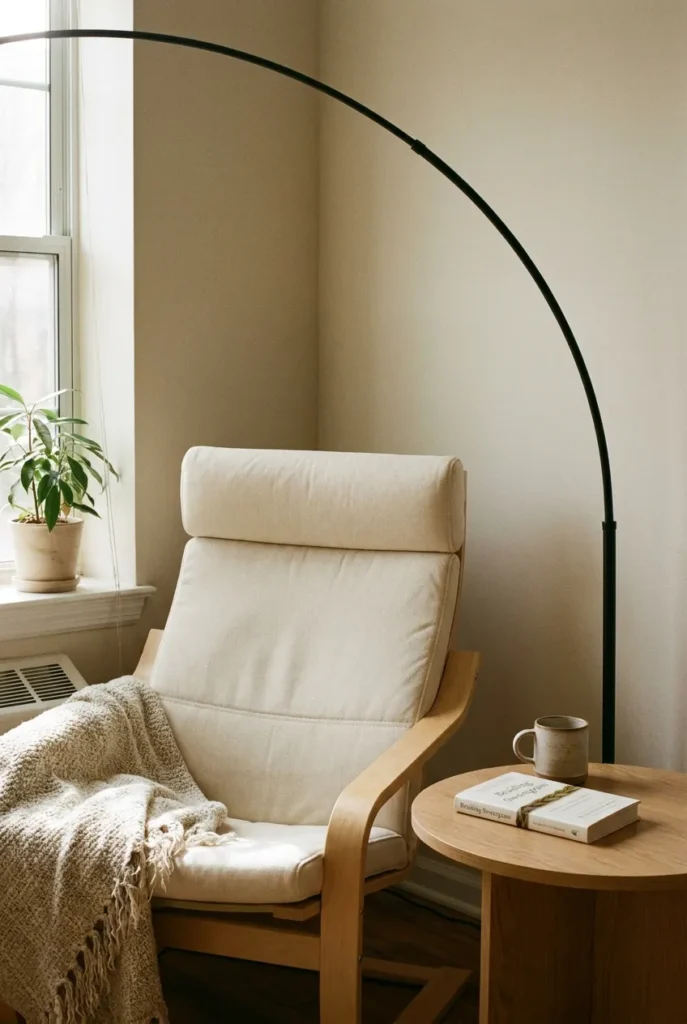 Renter-friendly corner reading nook with cream Poäng-style chair and arc floor lamp.