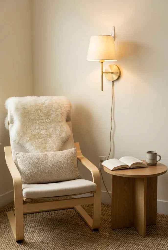 Renter-friendly hygge reading nook with cream Poäng chair, plug-in brass sconce, and sheepskin.