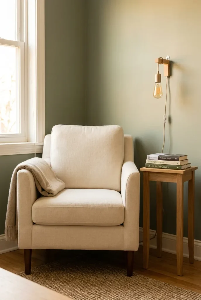 Renter-friendly reading nook with cream armchair, plug-in sconce, and jute rug in soft afternoon light.