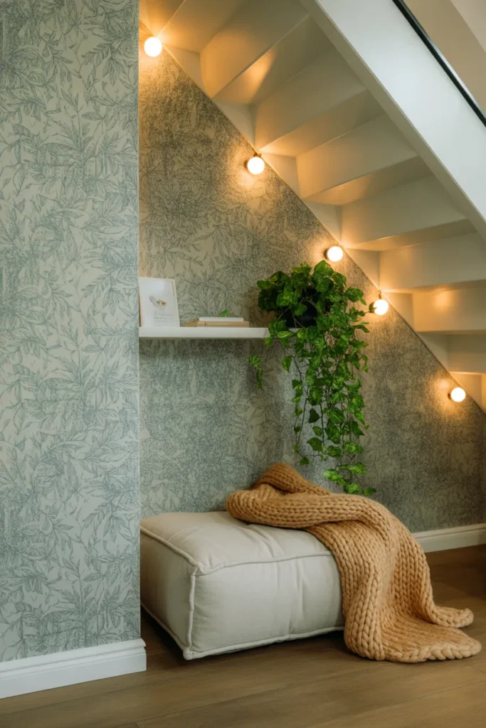 Renter-friendly under stairs reading nook with peel and stick wallpaper and floor cushion