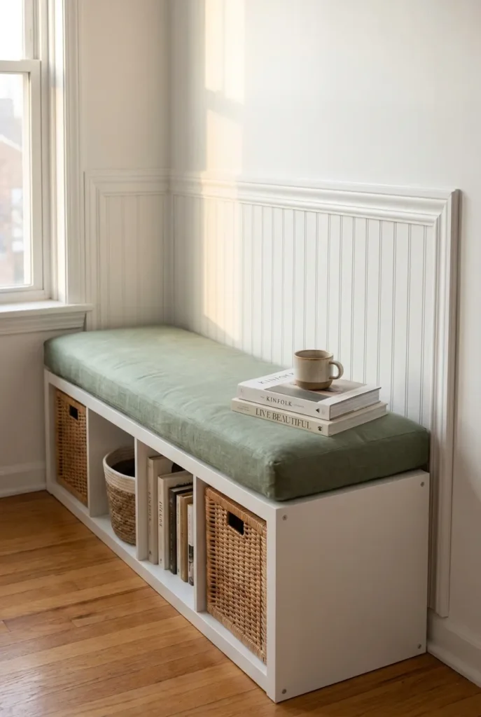 Renter-safe built-in reading bench using IKEA Kallax base, sage cushion, peel-and-stick beadboard wall.