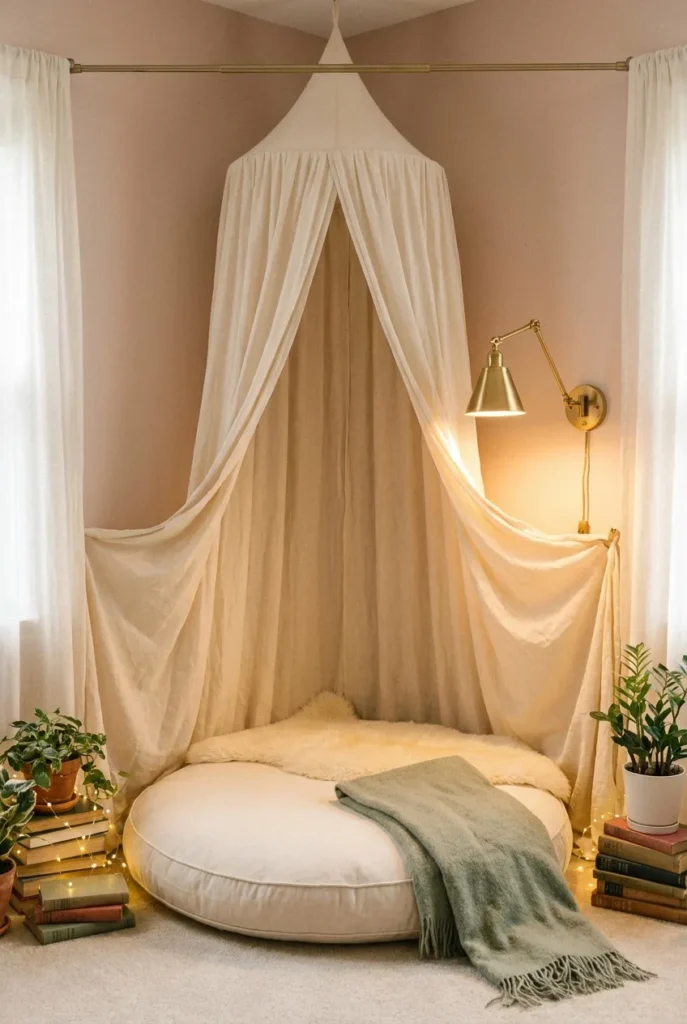 Renter-safe cottage canopy fairy tale reading nook with linen drape, floor cushion, and brass sconce.