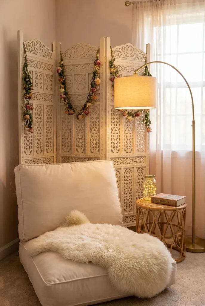 Renter-safe fairy tale reading nook with room divider, cream floor cushion, sheepskin, and brass arc lamp.