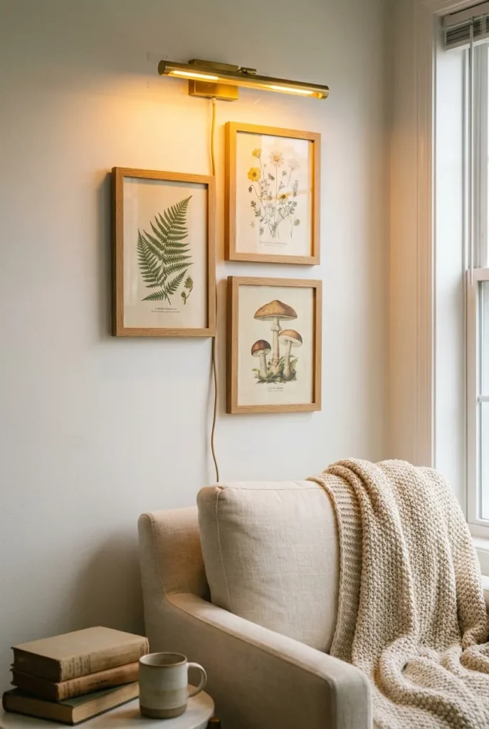 Renter-safe gallery wall with Command Strips and plug-in picture light above a reading chair.