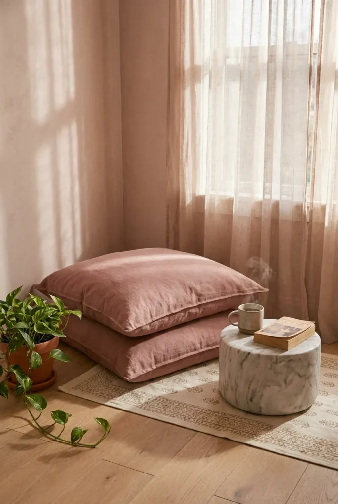 Renter-safe pink floor cushion nook with dusty rose cushions, marble pouf, and cream rug in a small bedroom.