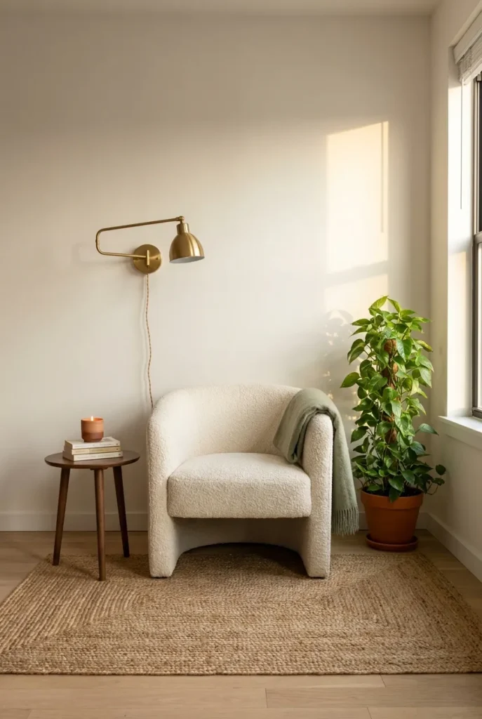 Renter-safe reading nook setup with plug-in sconce, accent chair, jute rug, and pothos.