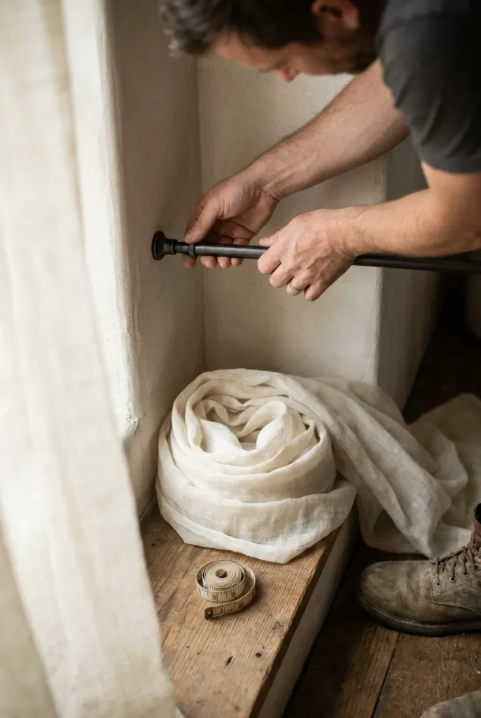 Renter-safe tension rod being installed inside a reading nook alcove with linen curtain panel ready.