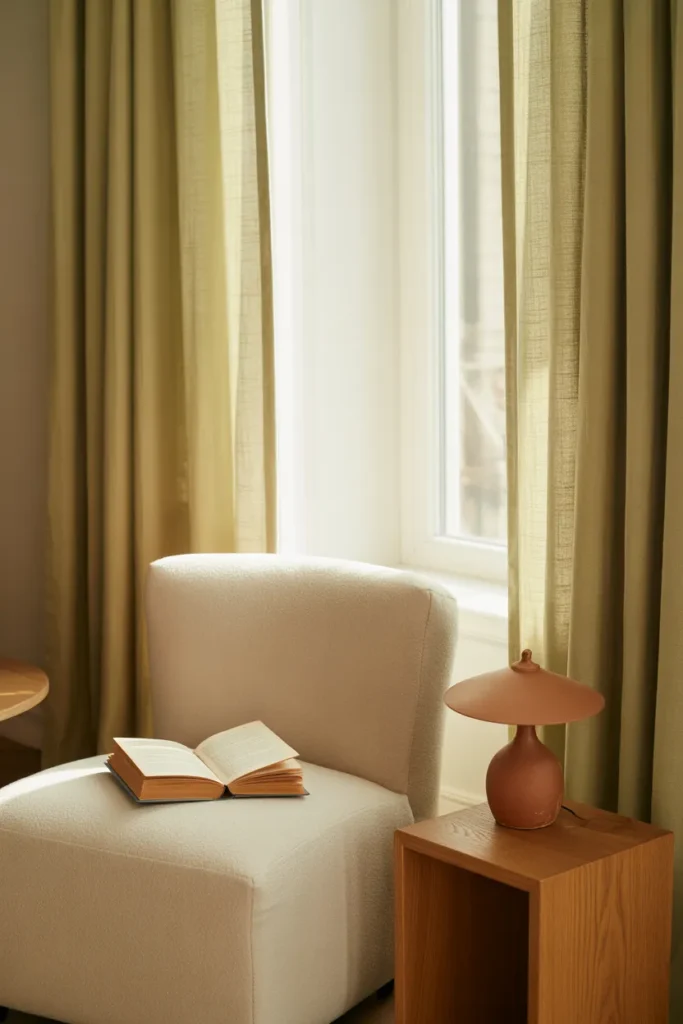 Sage and cream reading nook color palette with linen curtains and slipper chair