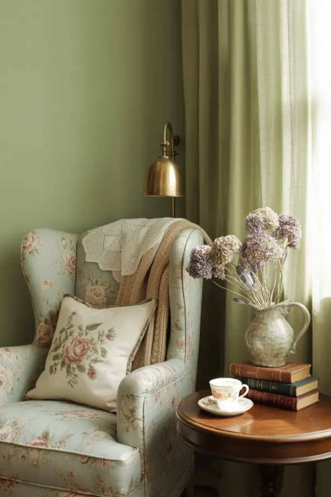 Sage green grandmacore reading nook with vintage floral armchair and brass